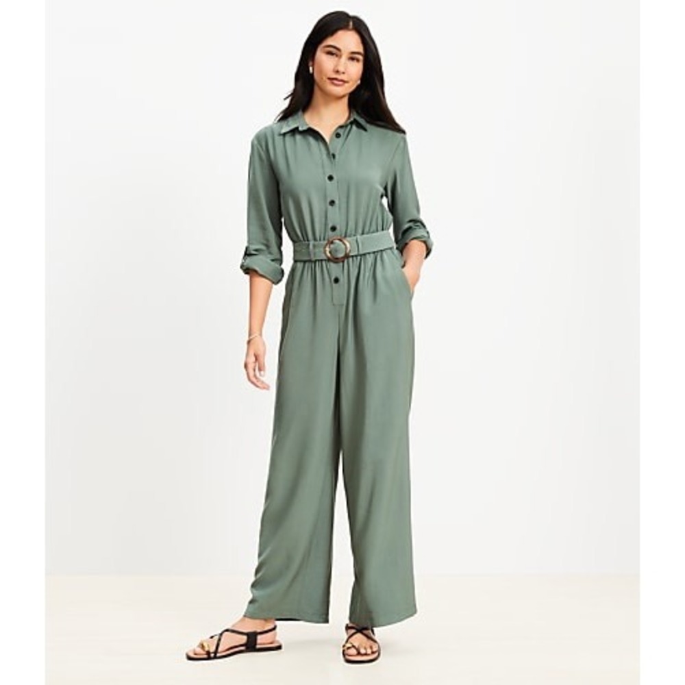 LOFT Womens 12P Belted Jumpsuit Green Rayon Blend Button Tab Casual Chic